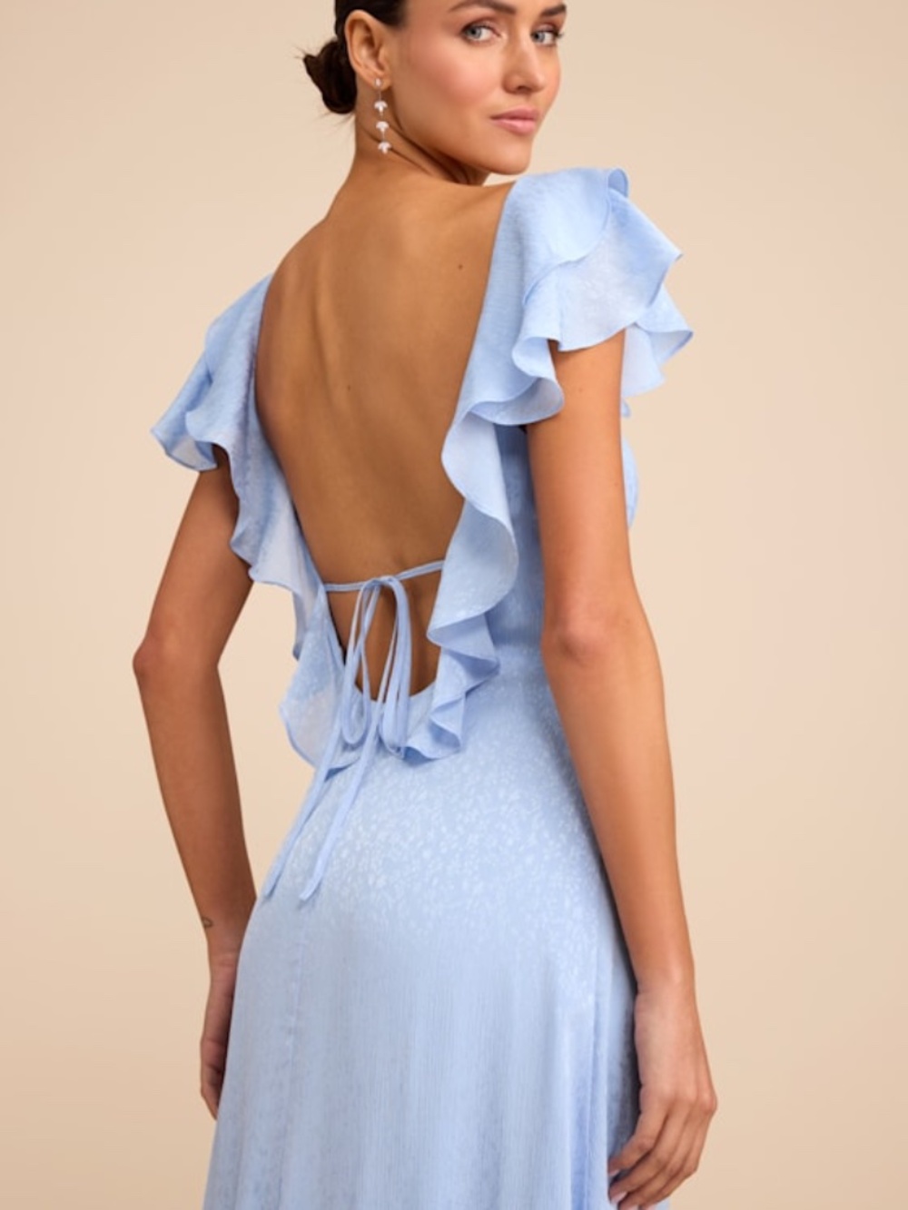 Lulus Devie Light Blue Satin Jacquard Flutter Sleeve Midi Dress - Size XS